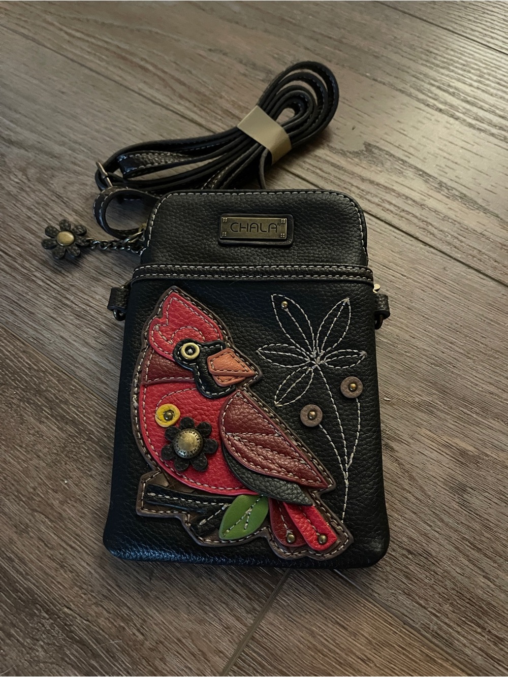 Chala Black Crossbody Bag with Red Cardinal Applique